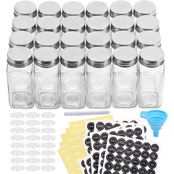 24 Pcs Glass Spice Jars/Bottles - 4oz Empty Square Spice Containers with 10  Spice Labels - Shaker Lids and Airtight Metal Caps Kosbon 