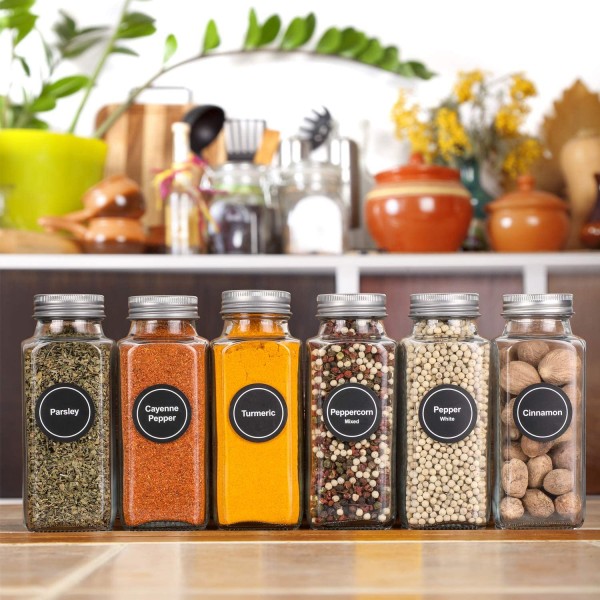 14 Pcs Glass Spice Jars with Spice Labels - 4oz Empty Square Spice Bottles  - Shaker Lids and Airtight Metal Caps - Chalk Marker and Silicone  Collapsible Funnel Included