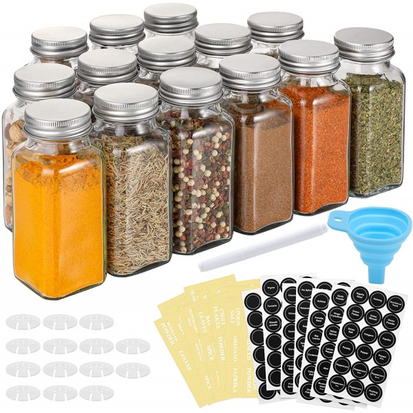 4Oz Empty Square Spice Bottles -64 Pcs Glass Spice Jars with Spice Labels-  Shake