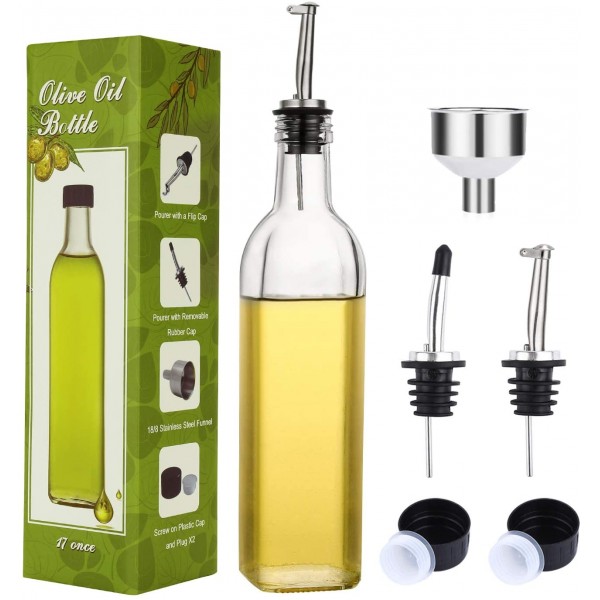 17oz Glass Olive Oil Bottle Dispenser with Spouts and Funnel for