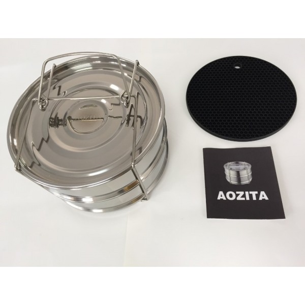 Aozita Stackable 2 Tier Stainless Steel Pressure Cooker Steamer Insert Pans with Lid and Handle and Silicone Heat Resistant Mat for Instant Pot and other 5/6/8 qt Pressure Cooker